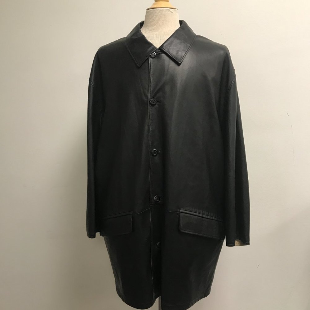 Torras black Spanish Leather to silk reversible trench coat e66 chest 58"